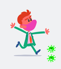 businessman with mask and virus COVID running angry
