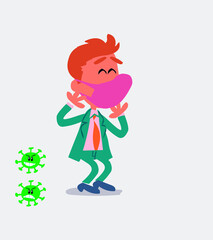 businessman with mask and virus COVID smiling shyly
