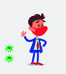businessman with mask and virus COVID waving while smiling
