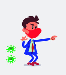 Surprised businessman with mask and virus COVID points to something
