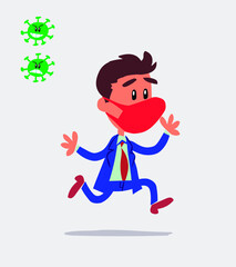 businessman with mask and virus COVID running happily
