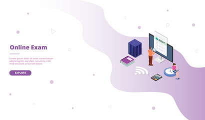Online exam man stand in front big screen computer campaign for web website home homepage landing template banner with isometric cartoon style.