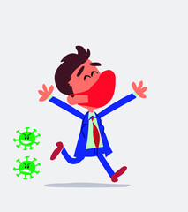 businessman with mask and virus COVID running euphoric