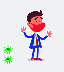 Very pleased businessman with mask and virus COVID 

