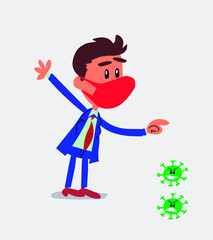 businessman with mask and virus COVID pointing at something outraged
