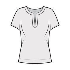 Blouse technical fashion illustration with split neckline, relaxed silhouette, wide short cap sleeves. Flat apparel shirt template front, grey color. Women men unisex top CAD mockup