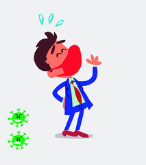 businessman with mask and virus COVID laughing happily
