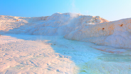 Natural travertine pools and terraces in Pamukkale. Cotton castle in southwestern Turkey