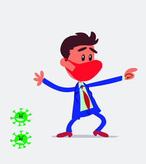 Shocked businessman with mask and virus COVID pointing