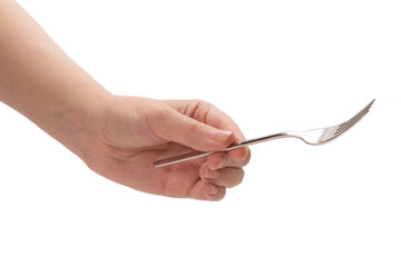 Fork in woman hand isolated on white.