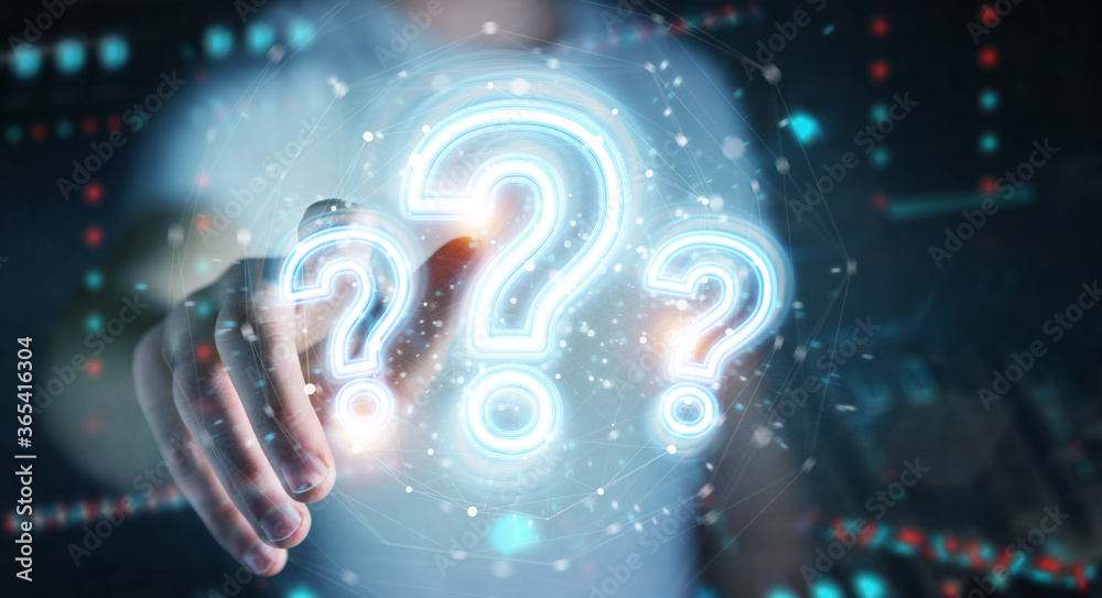 Fototapete Man using digital question marks holographic interface 3D rendering