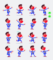 Cartoon character businessman with mask and virus COVID in smart casual style. Set with different postures, attitudes and poses, doing different activities in isolated vector illustrations.
