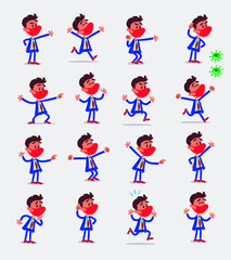 Cartoon character businessman with mask and virus COVID in smart casual style. Set with different postures, attitudes and poses, doing different activities in isolated vector illustrations.
