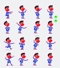 Cartoon character businessman with mask and virus COVID in smart casual style. Set with different postures, attitudes and poses, doing different activities in isolated vector illustrations.
