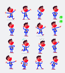 Cartoon character businessman with mask and virus COVID in smart casual style. Set with different postures, attitudes and poses, doing different activities in isolated vector illustrations.
