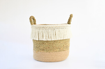 Object, beautiful empty nature straw basket with handle for easy carrying on white background....