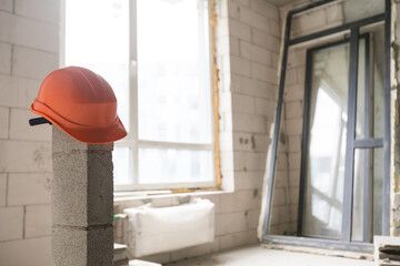 Wall smashed into debris room in apartment ready for renovation with destroyed smashed wall demolish