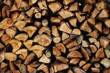 Firewood stacked on a pile. Photo for wallpaper, natural in vintage style.