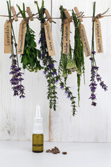 Bunches of medicinal plants on a wooden white background near a bottle with a cure for a cold. Alternative medicine. Herbal treatment.