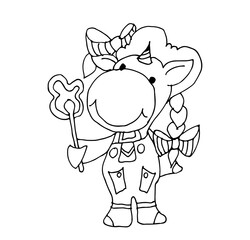 Coloring book for kids - unicorn with candy in her hands and bows in her hair. Black and white cute cartoon unicorns. Vector illustration.