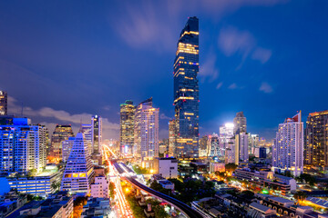 Cityscape of business center in downtown of Bangkok during rush hour time,Thailand