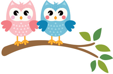Couple of owls on branch tree with leaves
