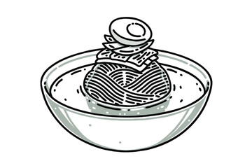 Naengmyeon. This is a Korean noodle dish of long and thin handmade noodles made from the flour and starch of various ingredients. Vector line art illustration.