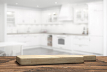 wooden table top with cutting board in front of blurred kitchen - 3D Illustration