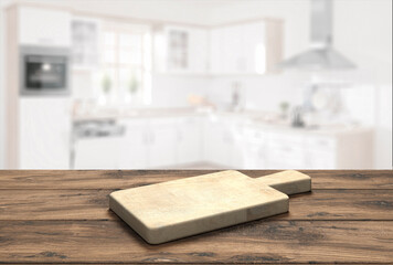 wooden table top with cutting board in front of blurred kitchen - 3D Illustration