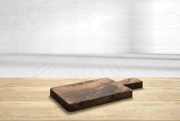 wooden table top with cutting board in front of blurred kitchen - 3D Illustration