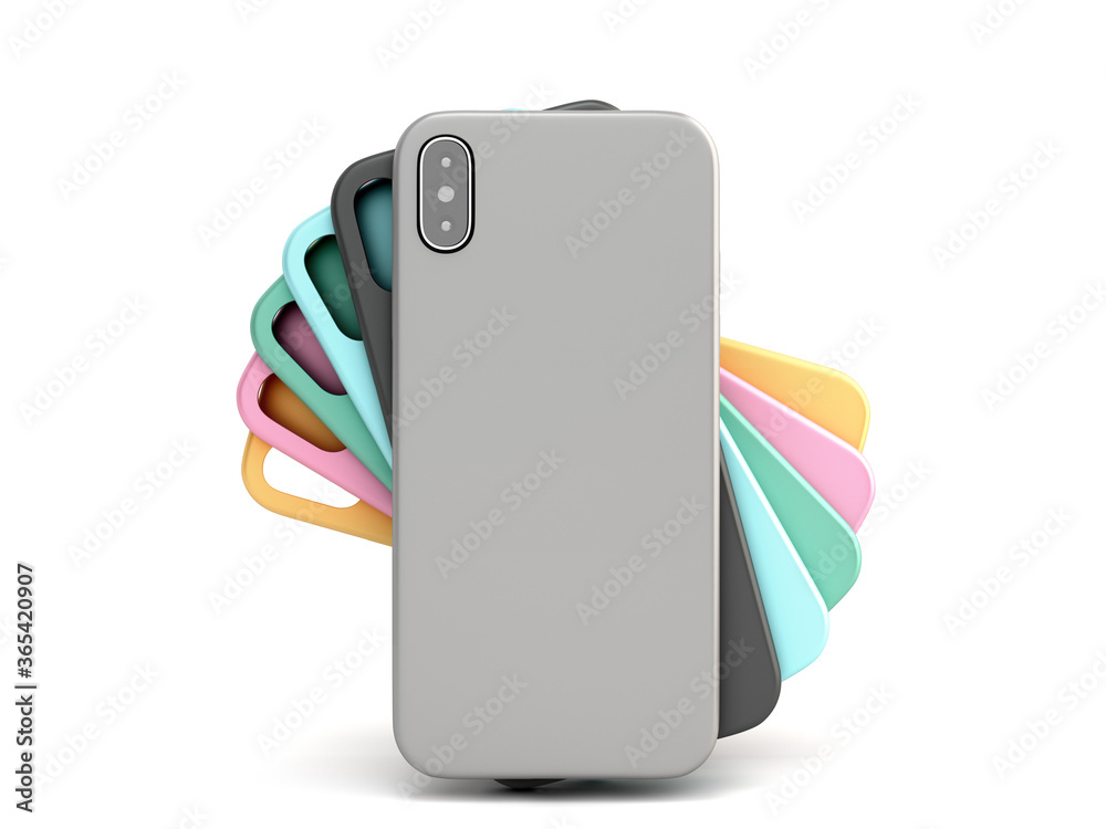 Wall mural multicolored phone cases presentation for showcase 3d render on white