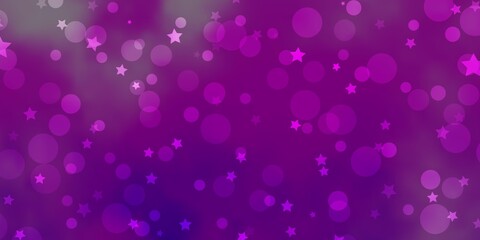 Light Purple vector layout with circles, stars. Colorful disks, stars on simple gradient background. Design for textile, fabric, wallpapers.