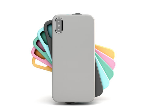 multicolored phone cases presentation for showcase 3d render on white