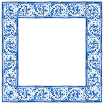 Frame design with typical portuguese decorations with colored ceramic tiles called "azulejos" - high resolution image on white background for easy selection