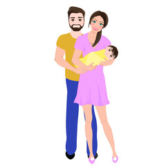 Happy young parents with a newborn. Vector illustration