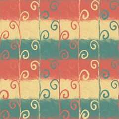 Seamless pattern of hand-drawn spirals on lines. Multicolored swirls connected to stripes grows up like plants on red, green and yellow background. Wrapping paper, textile, wallpaper, scrapbooking.