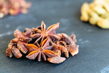 close up of star anise for seasoning and aromatic for cooking isolated on white background with copy space.