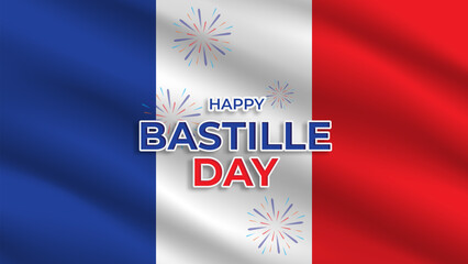Bastille Day banner or header. July 14th France national holiday celebration. Blue, white, and red tricolor waving french flag. Vector illustration with lettering.