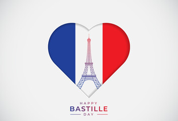 Bastille Day - French National Day, July 14 uses a heart-shaped background with the color of the French national flag with the Eiffel tower. Vector illustration.