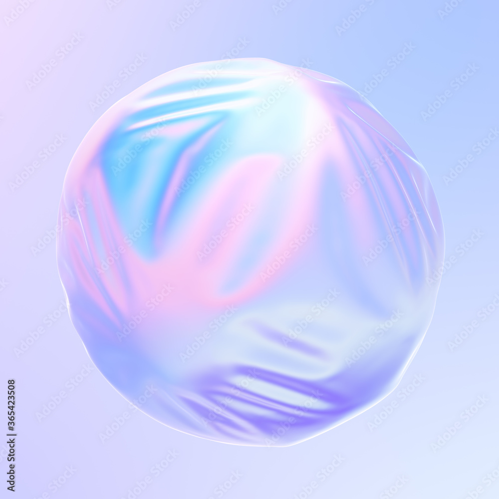 Poster 3D spheres inside liquid shape in holographic neon colors. Iridescent ripples and movements on fluid surface. 3D rendering.