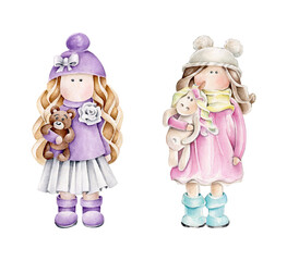 Watercolor children dolls set.Kids toy