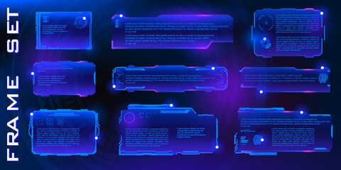 Set holographic pop-up frames or screens with information. Sparkling blue transparent screens on...