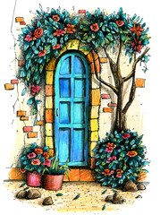 Fototapeta na wymiar Colourful blue and teal blue door with trees and flowers. Hand drawn colored pencils illustration.