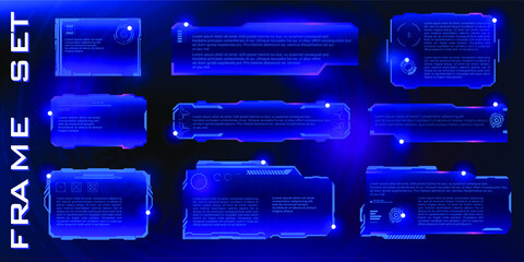 Set holographic pop-up frames or screens with information. Sparkling blue transparent screens on dark blue background in the style of HUD, GUI, UI. Computer game user interface