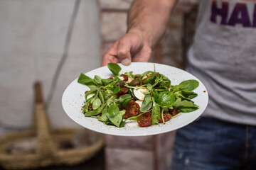 fresh salad with greens, mozzarella cheese, sun-dried tomatoes and green olives
