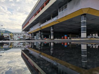 Water reflection of bus station