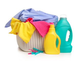 Detergent with washing powder and towels isolated on white