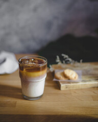 Iced coffee with milk on wooden table.coffee latte