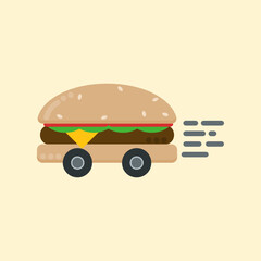 Burger with wheel, burger delivery concept, fast food delivery