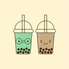 Bubble milk green tea and bubble milk tea, boba tea cute character